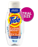 Single clear bottle of Tide Clean Boost fabric rinse showing the Tide logo, 'Clean Boost' label and a pink circular 'Trial Size' badge.