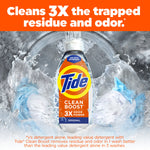 Tide Clean Boost bottle centered with dramatic water splash background and headline text claiming it 'Cleans 3X the trapped residue and odor.'