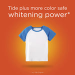 Promotional graphic on orange background showing a white shirt with blue sleeves and text about color-safe whitening power.