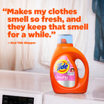 Quote graphic with large customer testimonial text and an orange Tide + Downy bottle on a countertop in laundry setting