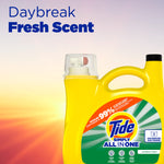 Partial view of a Tide Simply All In One yellow jug with sunrise background and text highlighting Daybreak Fresh scent