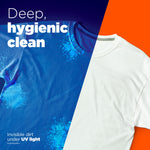Split image showing a blue shirt under UV dramatization and a white shirt with text 'Deep, hygienic clean' promoting cleaning effectiveness