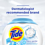 Top portion of a Tide PODS container with lid and copy declaring ‘Dermatologist recommended brand’ on a soft background