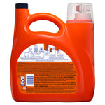 Rear view of an orange Tide detergent jug showing product instructions, caution text and a clear dosing cap