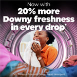 Graphic showing washing machine drum view with text claiming 20% more Downy freshness and person enjoying clean laundry