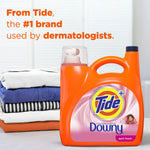 Orange Tide+Downy detergent bottle in front of a stack of folded laundry with copy stating Tide is the #1 brand used by dermatologists.