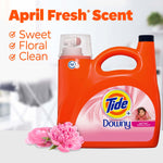 Orange Tide+Downy jug with pink floral accents and peony flowers at the base, alongside text reading "April Fresh Scent" and scent notes.