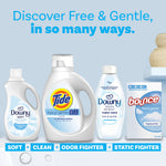 Promotional lineup showing Tide Free & Gentle bottle with Downy and Bounce free & gentle products on pale blue background