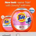 Promotional graphic showing old and new orange Tide Power PODS Downy container designs with bold text on orange background.