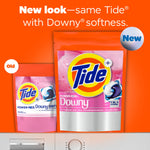 Promotional graphic showing old and new Tide + Downy pouch designs with bold headline about new look on orange background