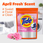Tide + Downy pouch with April Fresh scent callouts and floral imagery, text listing sweet, floral, clean scent attributes
