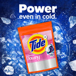 Tide + Downy pouch shown over icy blue background with headline 'Power even in cold' emphasizing cleaning performance in cold water
