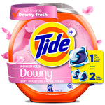 Close-up of an orange Tide Power PODS container with pink Downy label and Tide logo, featuring pod graphic.