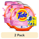 Two round orange Tide Power PODS containers with pink Downy label and petals, shown as a two-pack display.