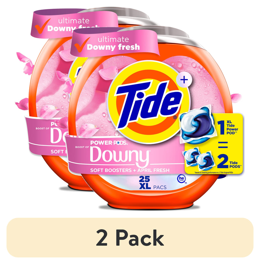 Two round orange Tide Power PODS containers with pink Downy label and petals, shown as a two-pack display.