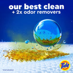Close-up dramatized image of a liquid droplet sitting on a stained fabric with text proclaiming superior cleaning and a small Tide logo.