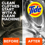 Split before-and-after image of a washing machine drum with large Tide logo and 'Before / After' text