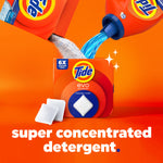 Stylized orange scene showing Tide bottles pouring detergent and a Tide Evo box with two white detergent tiles in front
