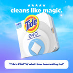 Tide Evo retail box floating on a sky-blue background with headline 'cleans like magic' and customer quote panel