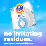 Tide Evo product box tilted against a blue gradient background with large text about no irritating residues