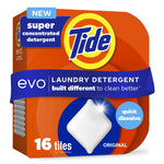 Tide evo laundry detergent tiles box with prominent Tide logo, single white tile image and '16 tiles' label