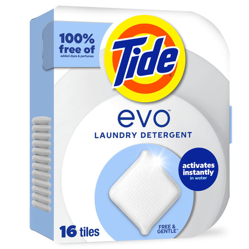 White Tide Evo laundry detergent tiles retail box with Tide logo and single tile illustration
