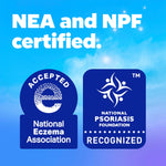 Certification badges on blue background showing National Eczema Association accepted and National Psoriasis Foundation recognized
