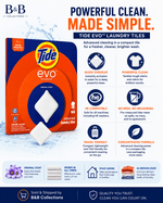 Promotional layout with Tide evo box and two tiles plus icons and text summarizing quick dissolve and HE compatibility.
