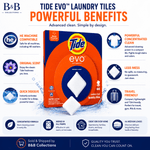 Informational graphic showing Tide evo package surrounded by icons and text highlighting powerful benefits and features.