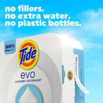 Angled view of Tide Evo packaging on a bright sky background with text about no fillers, no extra water, no plastic bottles
