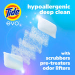 Graphic of Tide Evo detergent tiles with mesh-like scrubber visualization and text highlighting hypoallergenic deep clean
