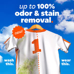 Back-of-shirt comparison graphic showing improved stain removal with 'up to 100% odor & stain removal' headline