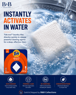 Close-up of a white Tide evo detergent tile dissolving in soapy water with package thumbnail and feature icons below.