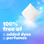 Single white Tide Evo detergent tile floating against a blue sky background with text about being free of dyes and perfumes