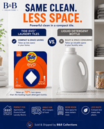 Comparison graphic showing Tide evo box next to a generic liquid detergent jug with headline about saving space.