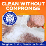 Hand spraying foam onto a carpet swatch with a fabric-safe color-safe badge and headline about cleaning