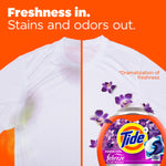Split-image showing a white T-shirt before/after with purple flowers and a Tide Febreze PODS container at the bottom right.