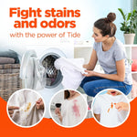 Woman loading a front-load washer with inset circles showing food, wine, and sauce stains and headline 'Fight stains and odors'.