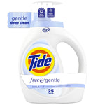 Single white Tide Free & Gentle detergent bottle front view with Tide logo, blue cap and 25 loads badge