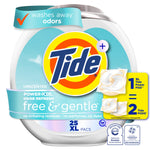 Close-up of a Tide Free & Gentle Power PODS plastic tub with logo and product callouts on a white background.