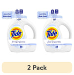 Two Tide Free & Gentle white detergent bottles shown side-by-side with blue labels and 2 Pack banner below