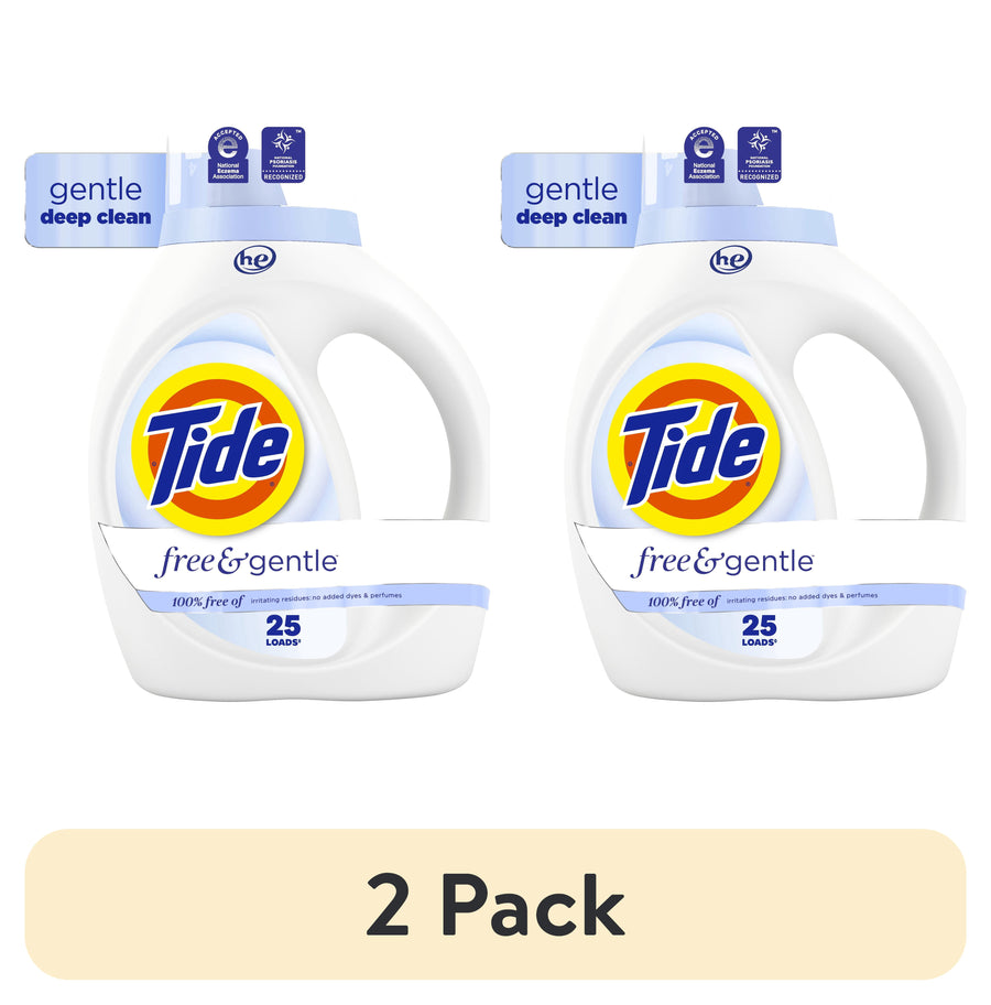Two Tide Free & Gentle white detergent bottles shown side-by-side with blue labels and 2 Pack banner below