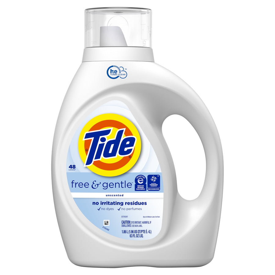 White Tide Free & Gentle laundry detergent bottle with handle and label showing Tide logo and unscented/free & gentle branding