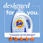 Tide Free & Gentle bottle centered on blue background with text 'designed for you' and five orange stars and a customer quote.