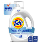 Front view of a white Tide Free & Gentle laundry detergent bottle with blue label and logo