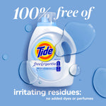 Graphic of Tide Free & Gentle bottle on blue background with water droplets and text '100% free of irritating residues'.
