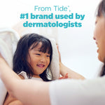 Smiling child wrapped in a towel with text stating Tide is the number one brand used by dermatologists