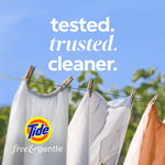 Outdoor clothesline with white and patterned linens and text 'tested. trusted. cleaner.' plus the Tide free & gentle logo.