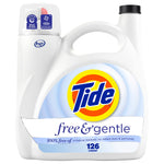 White Tide Free & Gentle laundry detergent jug with large Tide logo and product label on a white background.