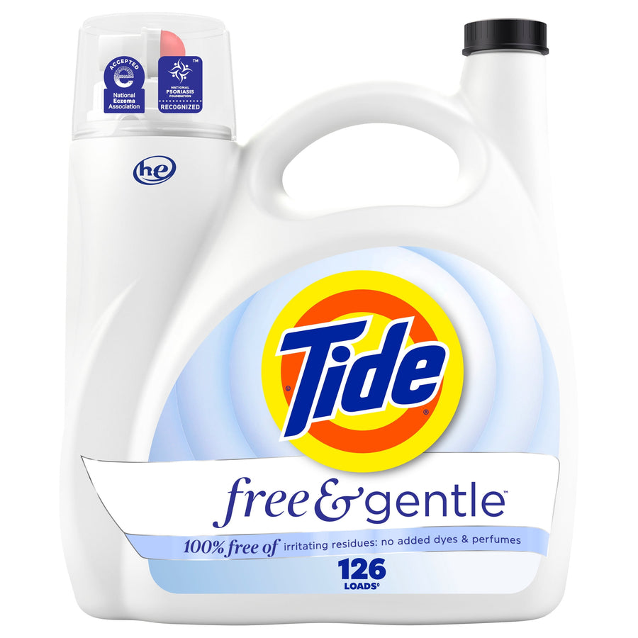 White Tide Free & Gentle laundry detergent jug with large Tide logo and product label on a white background.